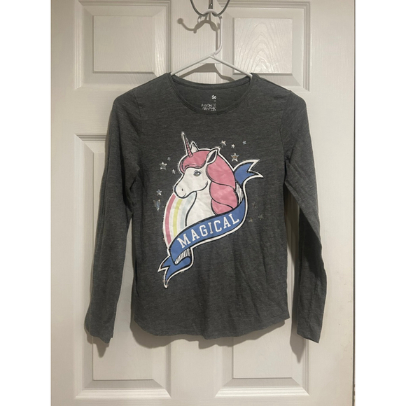 SO Girl’s Grey “unicorn” Long-sleeve Graphic Tee Shirt Sz. L-10/12 - Picture 1 of 5